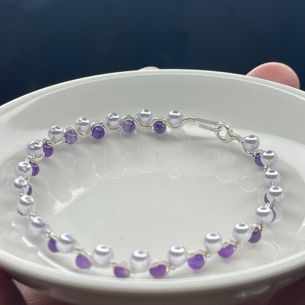 Rebekah bangle bracelet 8” silver copper core lavender purple shell beads pearls
